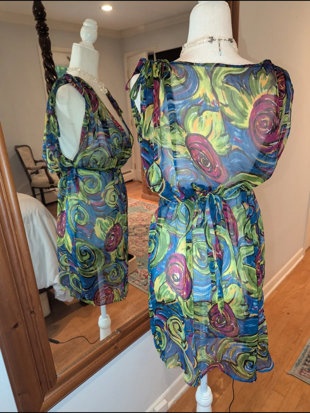 Sheer Floral V-Neck Swim Coverup in Blue & Green